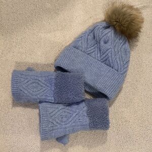 Stylish Blue Knit Hat and Glove Set with Pom Pom